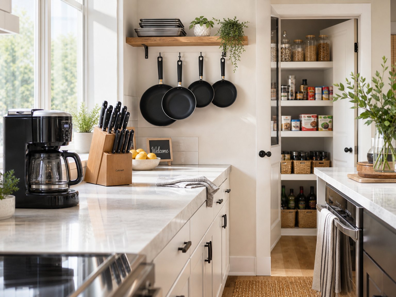 Well-equipped vacation rental kitchen with quality knives, non-stick cookware, and drip coffee maker — kitchen equipment quality is the most cited amenity gap in guest reviews