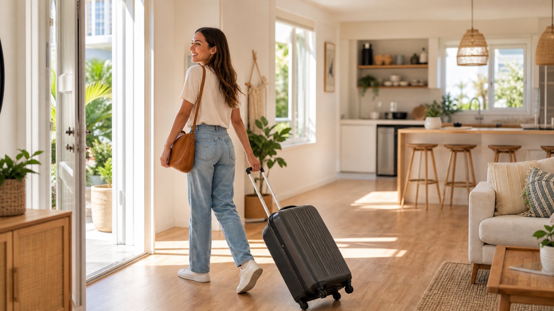 Guest rolling a suitcase toward the front door of a clean bright vacation rental with a tidy kitchen and natural light through the windows