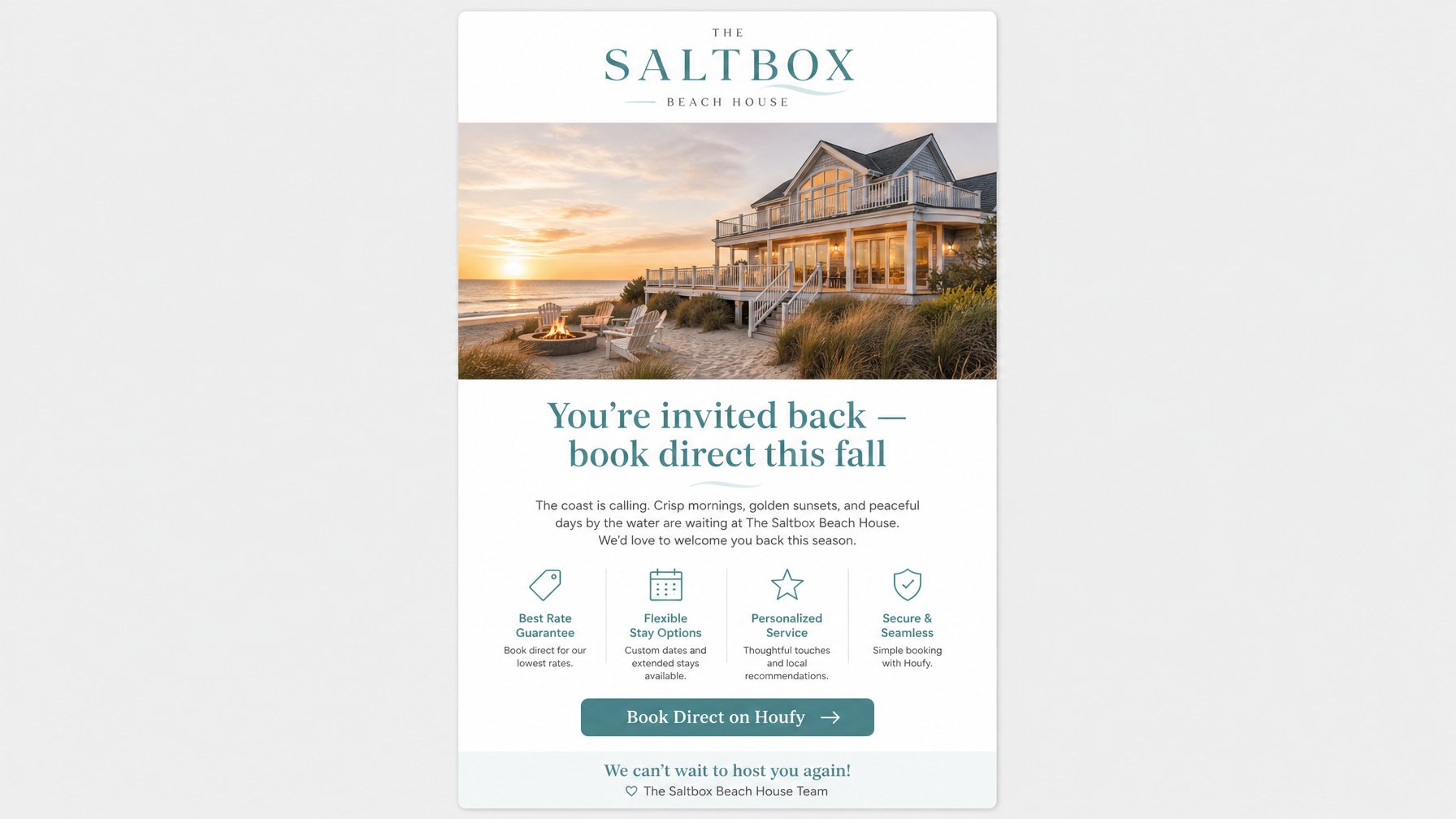 Branded vacation rental email newsletter with property logo header and Book Direct on Houfy call to action button