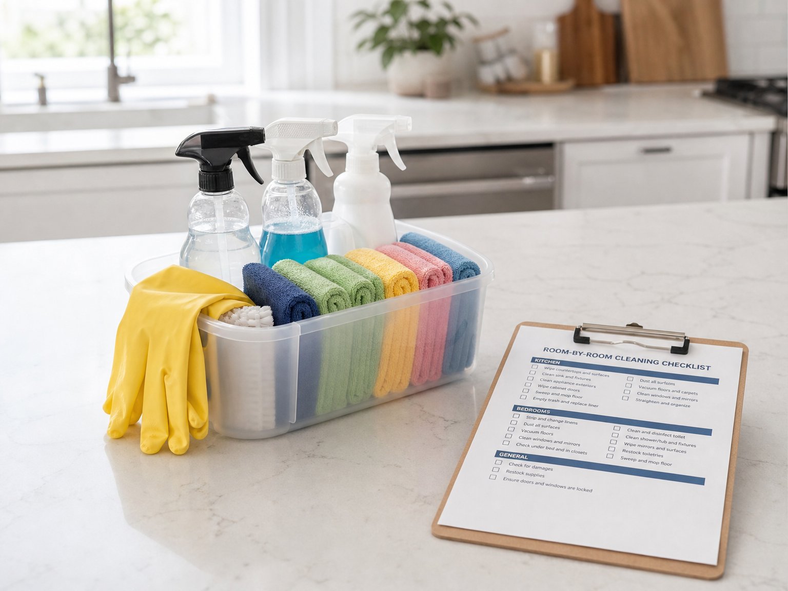 Professional cleaning supply caddy with spray bottles, microfiber cloths, and rubber gloves beside a printed vacation rental cleaning checklist on a clipboard — list your property fee-free on Houfy