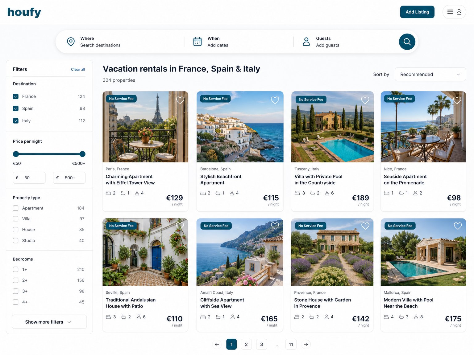 Houfy search results interface showing European vacation rental listings in France, Spain, and Italy with no added service fee
