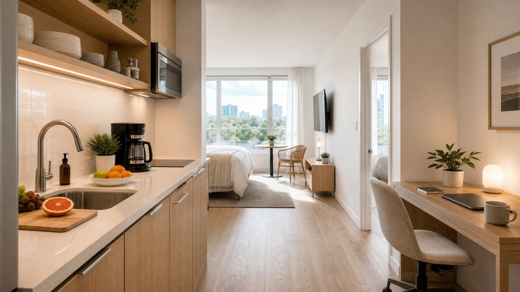 A clean, well-equipped studio vacation rental interior showing a workspace desk and kitchen setup designed for solo travelers and remote workers in 2026