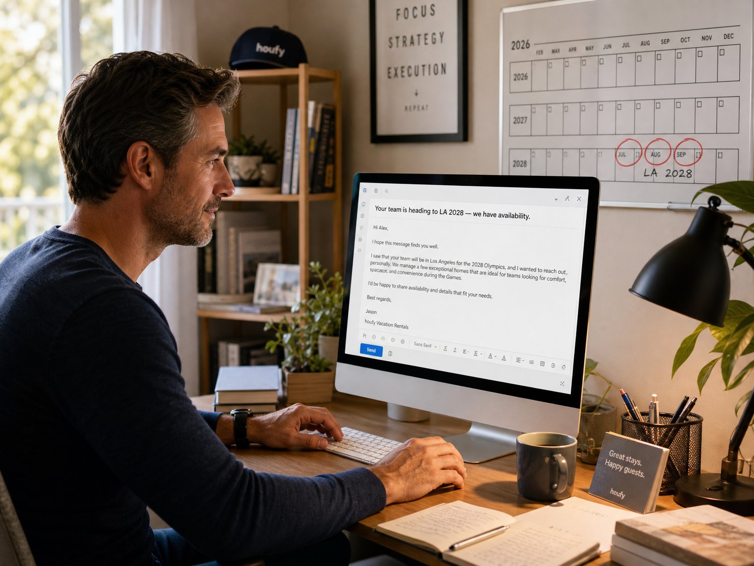 A vacation rental host scheduling a pre-event outreach email to World Cup 2026 guests about the 2028 LA Olympics to convert them into repeat direct bookings