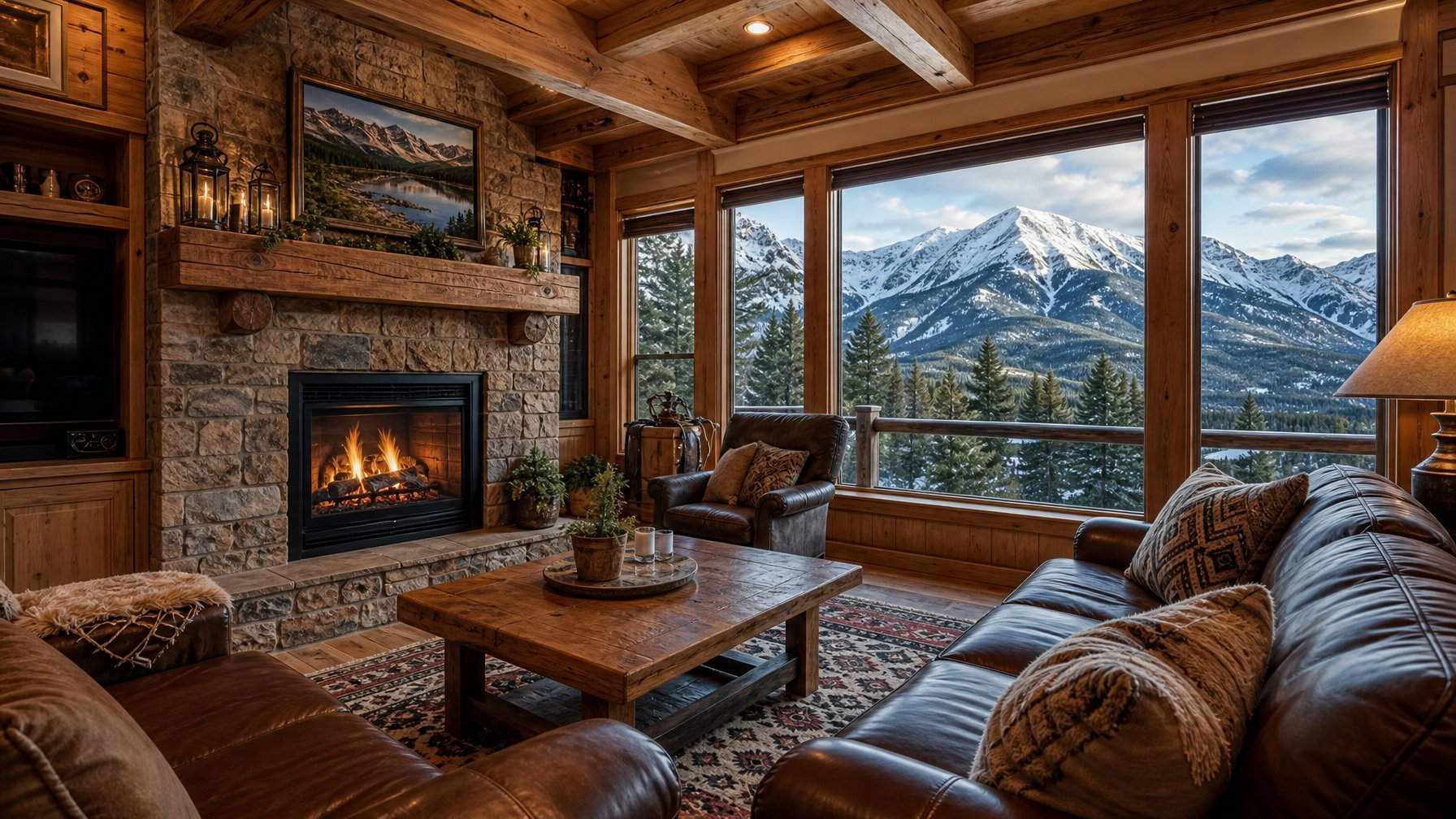 Colorado mountain vacation rental interior with floor-to-ceiling windows framing a dramatic Rocky Mountain view, rustic furniture, guests relaxing — Colorado mountain cabin interior direct booking Houfy
