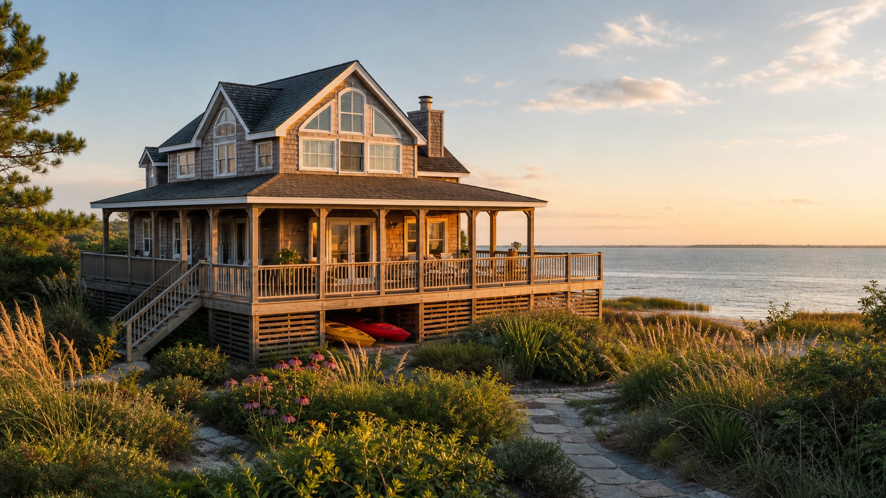 Upscale Duck North Carolina vacation rental with wrap-around deck overlooking calm Currituck Sound waters, kayaks stored underneath, warm golden afternoon light — quintessential OBX soundside experience