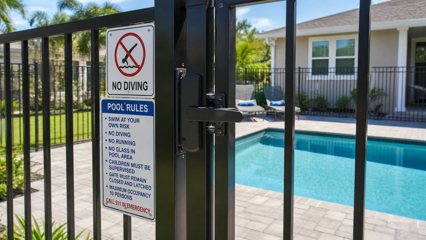 Properly fenced vacation rental pool with a self-latching gate, safety signage, and no-diving marker in a clear residential STR setting