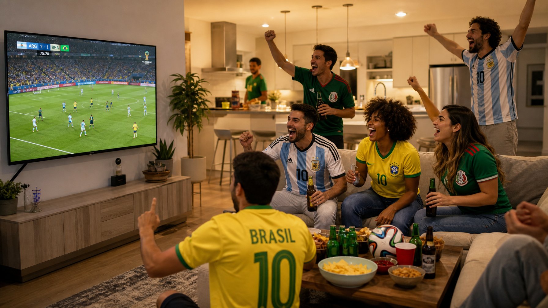 International soccer fans watching a live World Cup match together in a modern Dallas vacation rental with kitchen and open living space