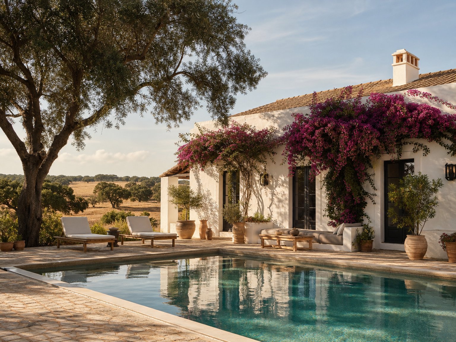 Whitewashed Alentejo quinta country estate vacation rental in Portugal with private pool and cork oak landscape