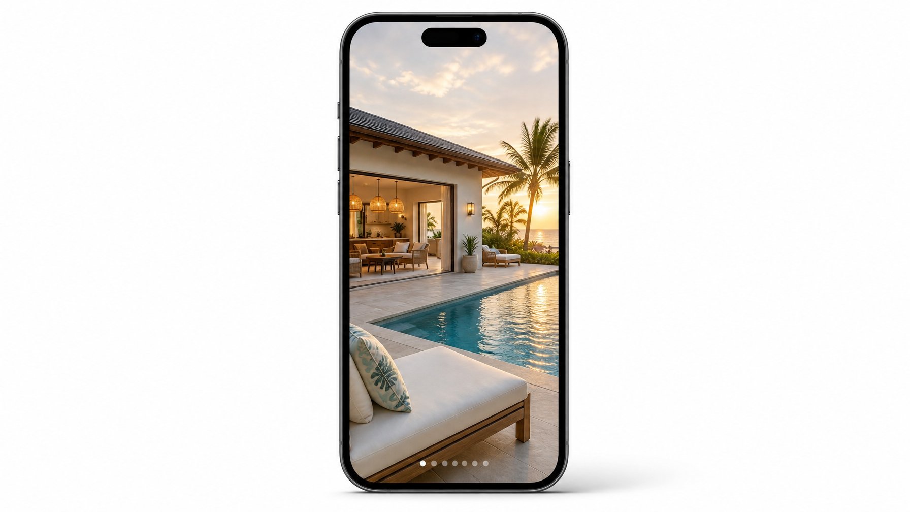 Vacation rental photo gallery displayed on a mobile phone, leading with an outdoor pool at golden hour as the hero image to retain browsing guests