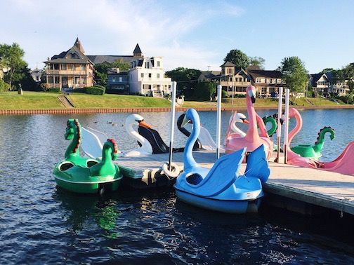 Pedal Boats on Wesley Lake with Ocean Grove in Background