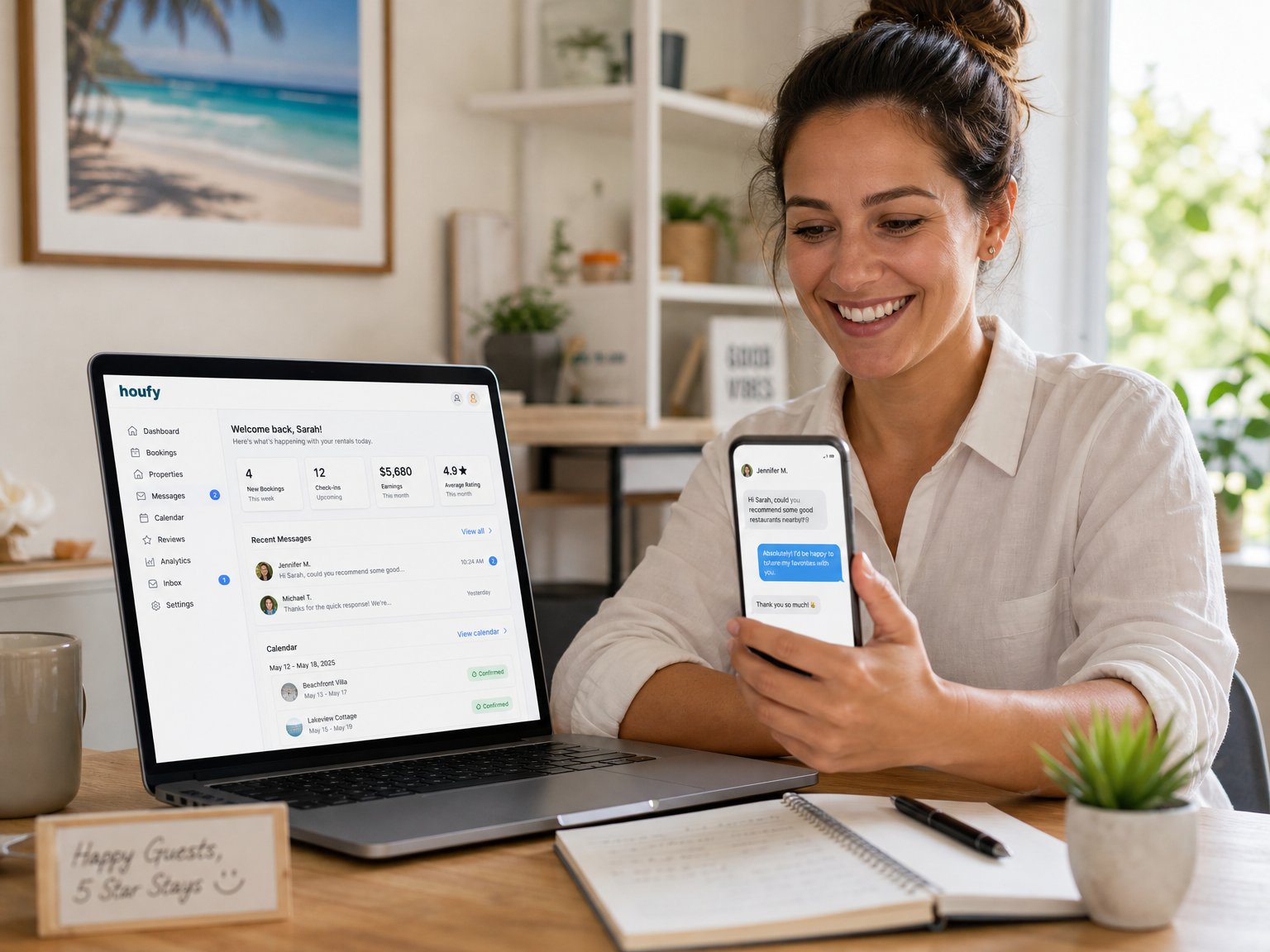 Vacation rental host responding quickly to a guest message on their phone — fast host communication is mentioned in over 60% of 5-star vacation rental reviews