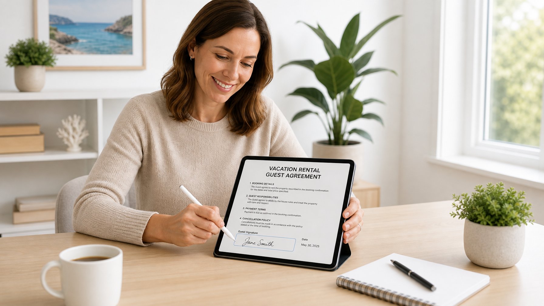 Person signing a vacation rental guest agreement digitally on a tablet at a clean wooden desk with natural light