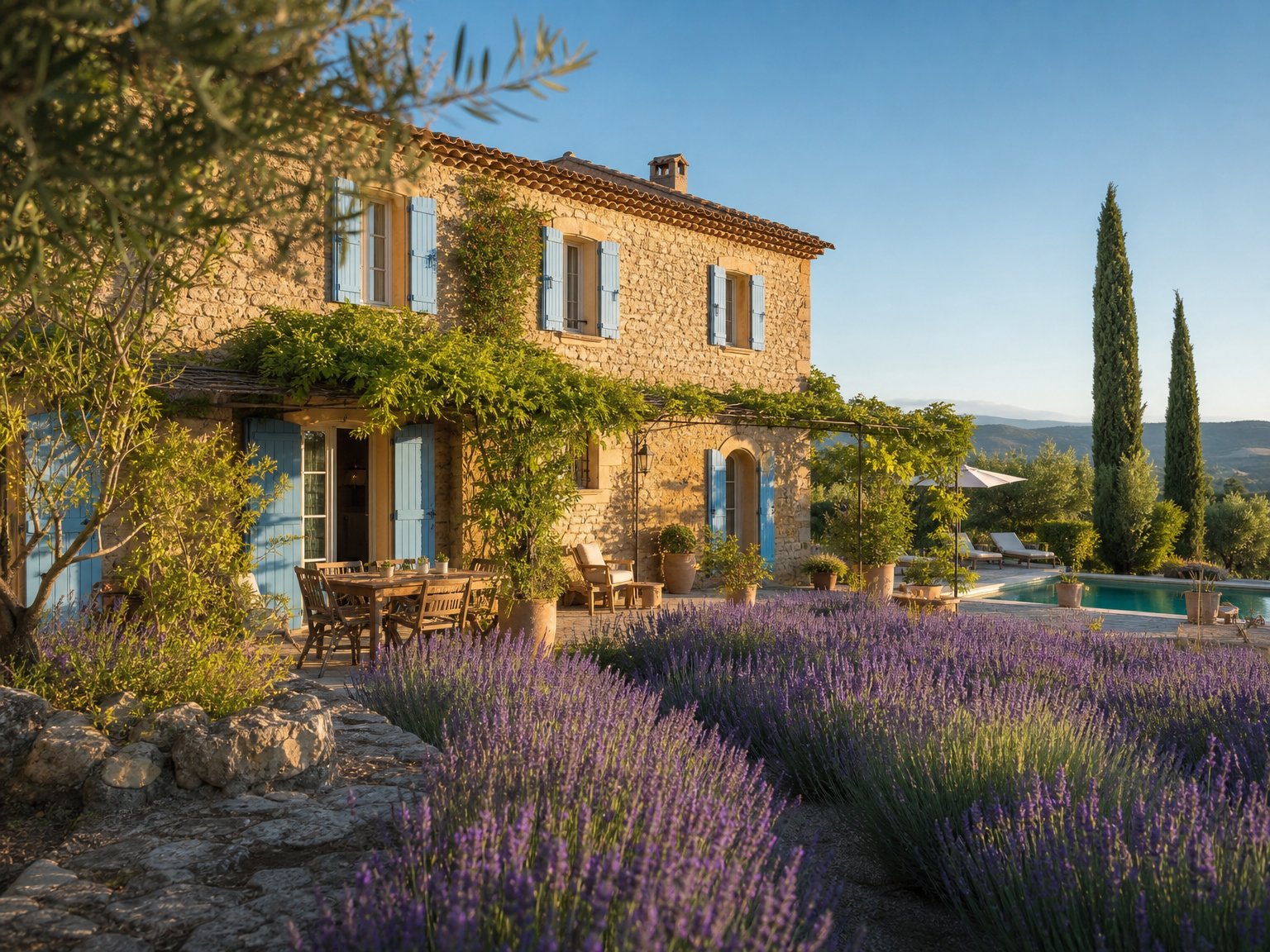 French Provençal stone farmhouse vacation rental with lavender fields, cypress trees, and a private pool, available for direct booking on Houfy