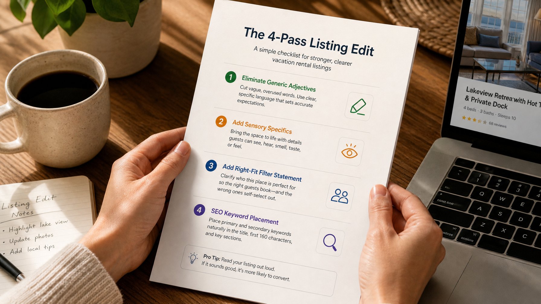 Host reviewing a four-pass editing checklist for an AI vacation rental listing description, with printed checklist on desk beside a laptop