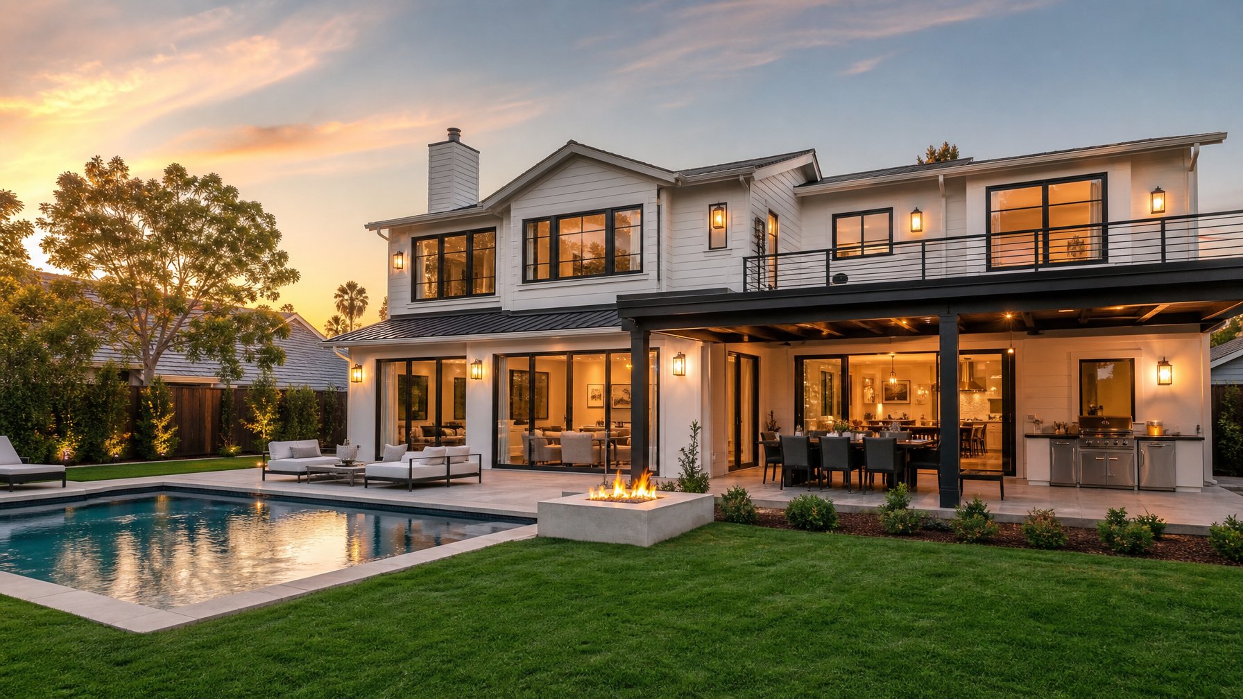 Spacious and modern vacation rental home exterior with a backyard swimming pool and large patio at golden hour, ideal for accommodating international fan groups of 6 to 10 during World Cup 2026