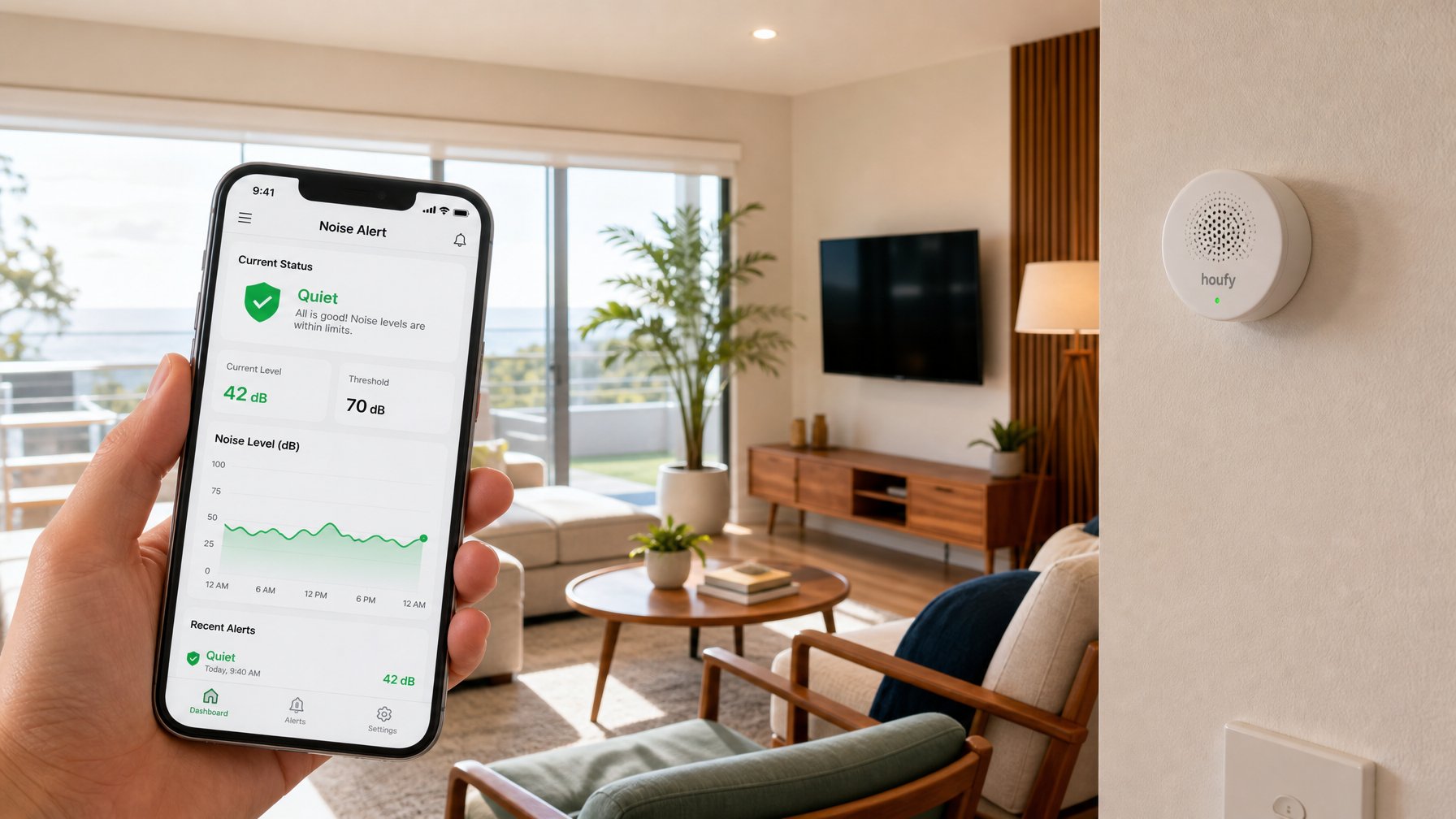 Minut noise monitoring sensor mounted on a vacation rental living room wall with a smartphone app showing 42 dB quiet status and 24-hour noise history graph