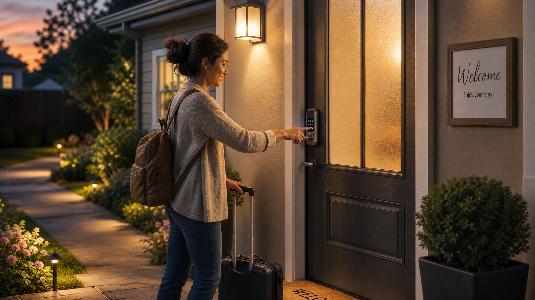 A solo female traveler using a keypad smart lock to enter a vacation rental independently at night, illustrating safety features for solo guest bookings