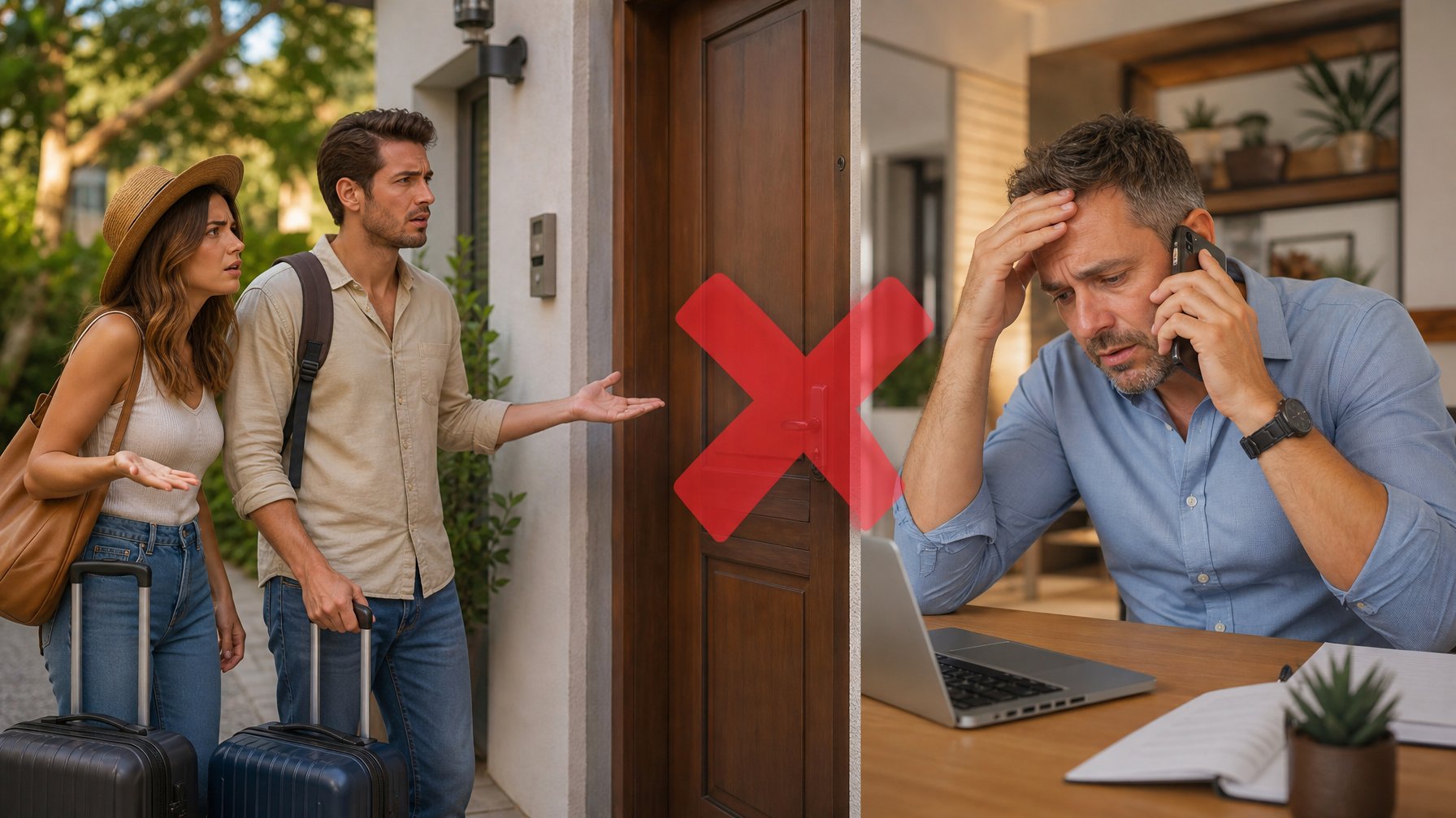 A frustrated traveler and a stressed host shown in a split-scene illustrating the reputation damage and penalty costs caused by double bookings in short-term rental management