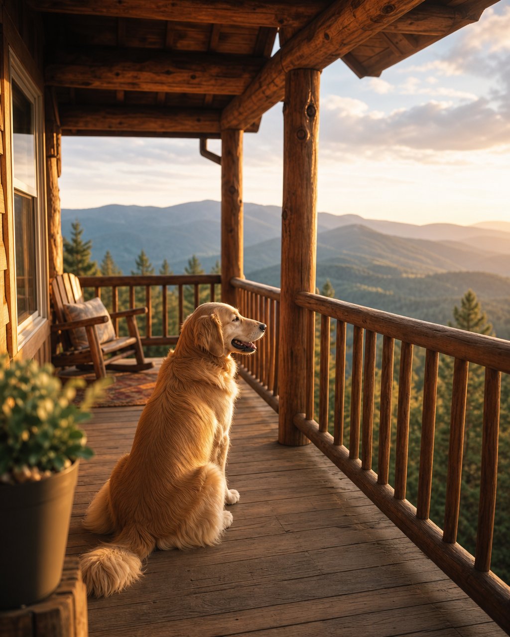 Golden retriever on charming vacation rental cabin porch with sweeping mountain views — aspirational dog friendly vacation rental Instagram lifestyle photo