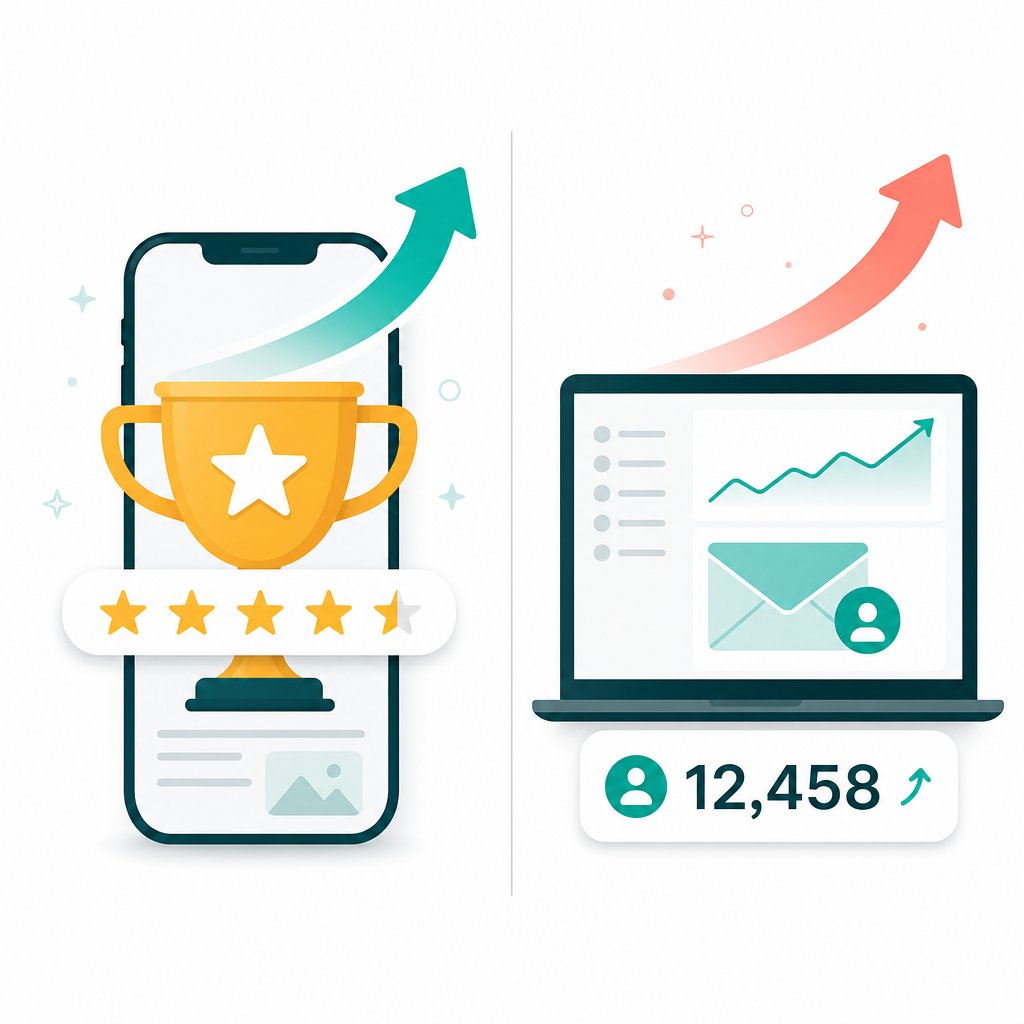 Comparison graphic showing OTA star ratings versus a growing vacation rental email subscriber list with upward momentum