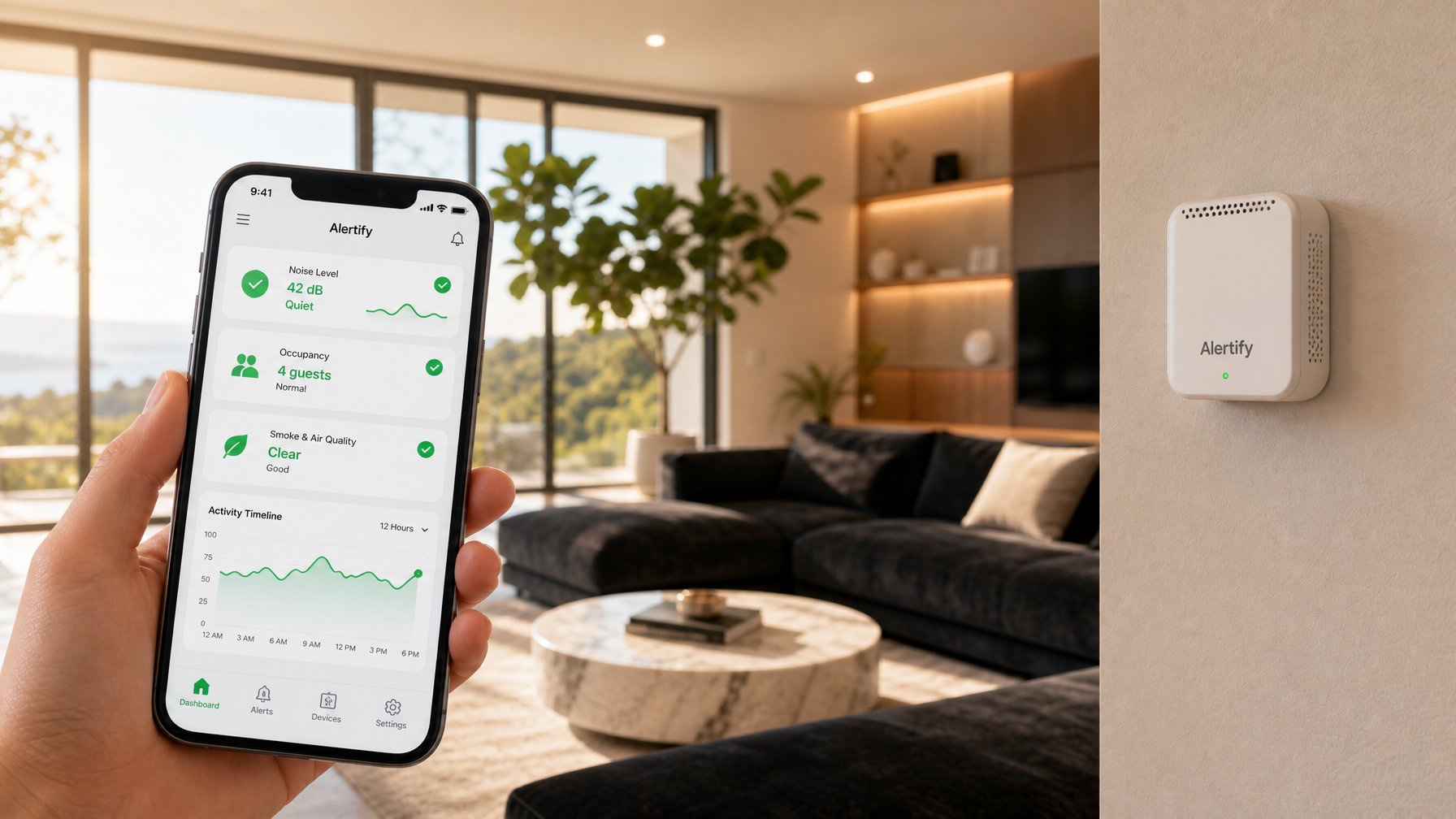Alertify smoke and occupancy monitoring sensor mounted on a luxury vacation rental wall, with smartphone app showing noise level, guest count, and air quality status all clear