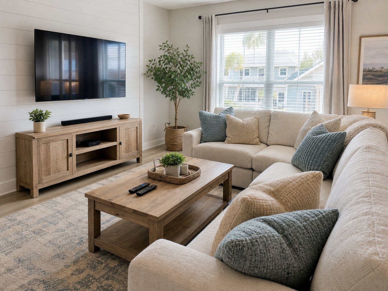 Freshly cleaned vacation rental living room with a plush neutral sofa, neatly arranged pillows, streak-free TV, and remote controls placed on the coffee table — book a fee-free rental on Houfy