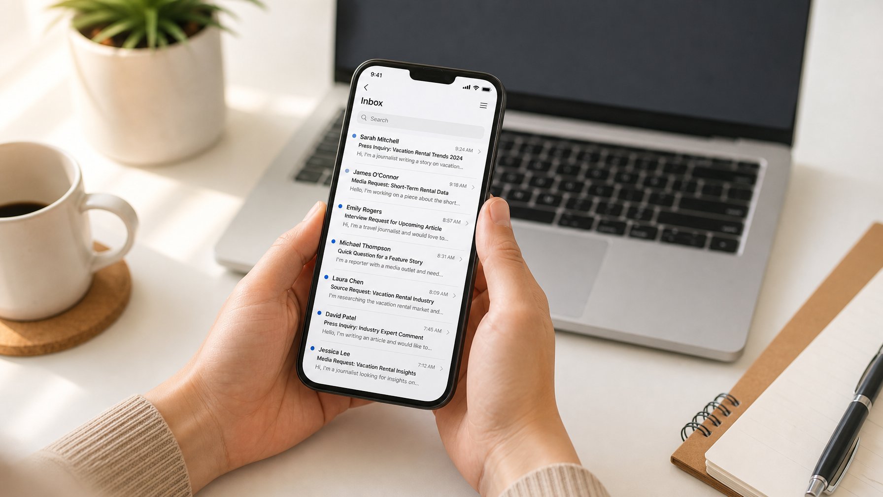 Host checking journalist query email notifications on smartphone — HARO and Connectively deliver free vacation rental press coverage opportunities daily
