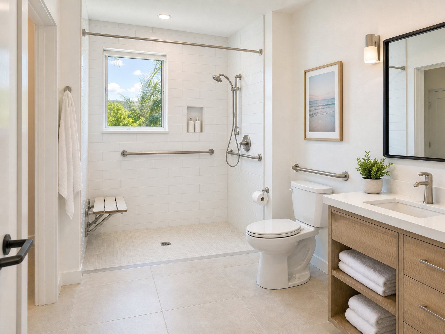 The bathroom is where accessible vacation rental bookings are won or lost. Guests scan for grab bars, shower thresholds, and turning radius before any other room.