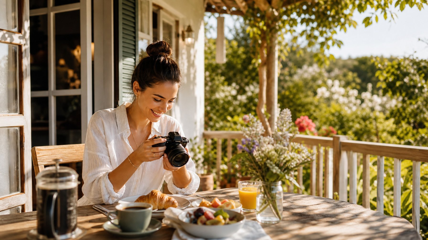 Travel blogger photographing a breakfast spread on a sunlit vacation rental cottage terrace during a press stay — invite bloggers to feature your Houfy listing