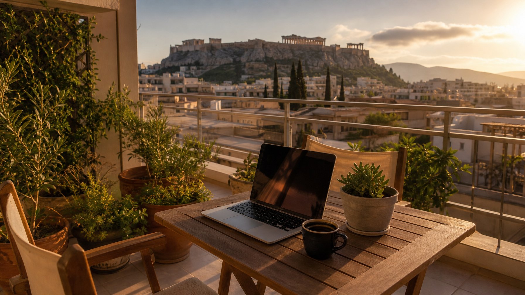 Vacation rental terrace in Athens Greece with a view of the Acropolis, popular with digital nomads for monthly long-stay vacation rentals in 2026
