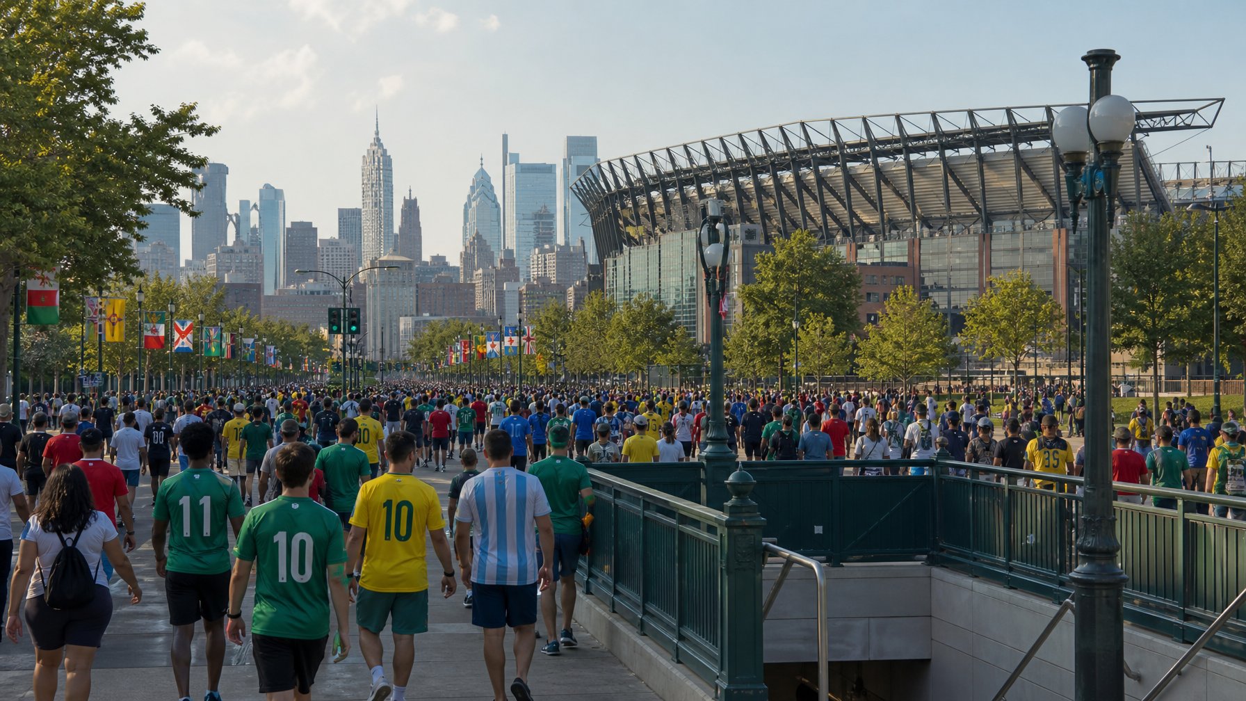 World Cup fans in national soccer jerseys walking along a flag-lined street toward Lincoln Financial Field in Philadelphia with a SEPTA subway entrance visible in the foreground