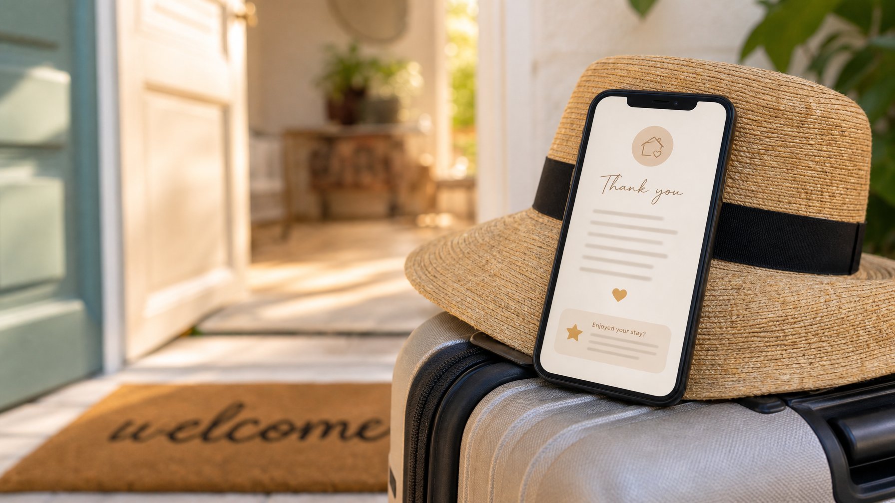 Smartphone showing a warm vacation rental host checkout message with a gentle review request, resting on a packed suitcase near the front door — the final touchpoint in a 5-star review system