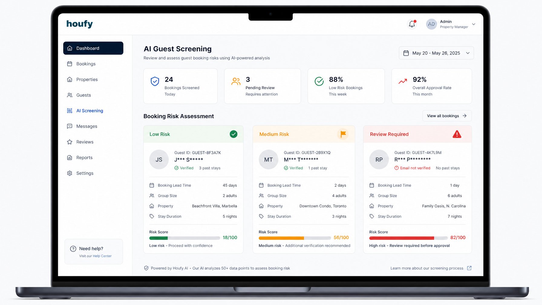 AI guest screening dashboard on a laptop showing three booking risk assessment cards labeled Low Risk, Medium Risk, and Review Required with color-coded risk score bars — AI guest screening tools for vacation rental hosts