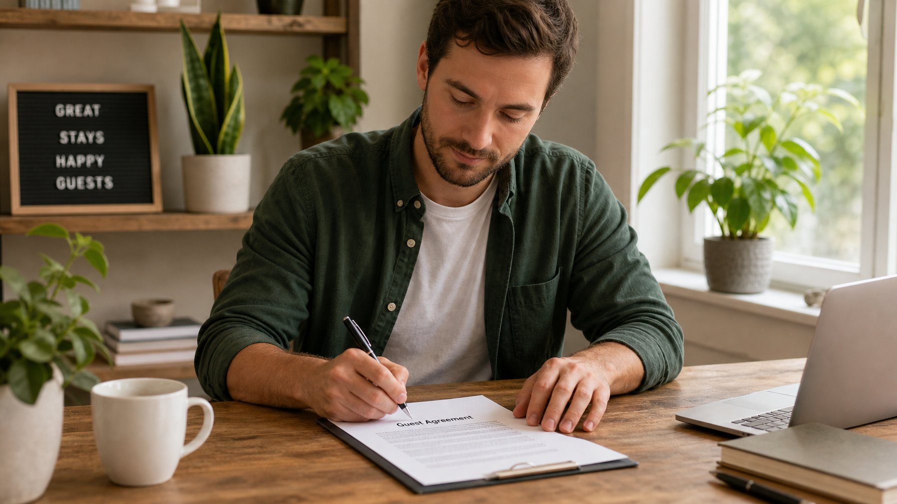 Vacation rental host writing a force majeure clause in a guest agreement at a wooden desk with natural light from a nearby window