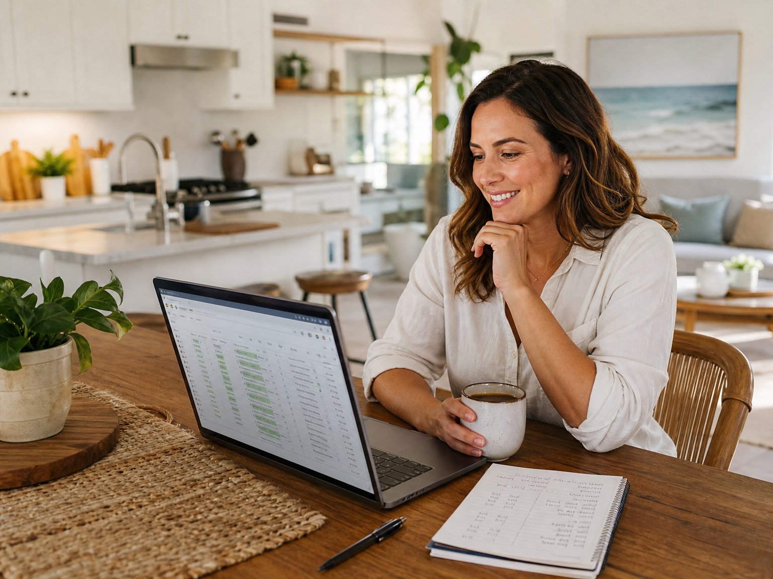 Vacation rental host reviewing a returning guest database on a laptop in a bright kitchen — building a direct booking system independent of OTA platforms