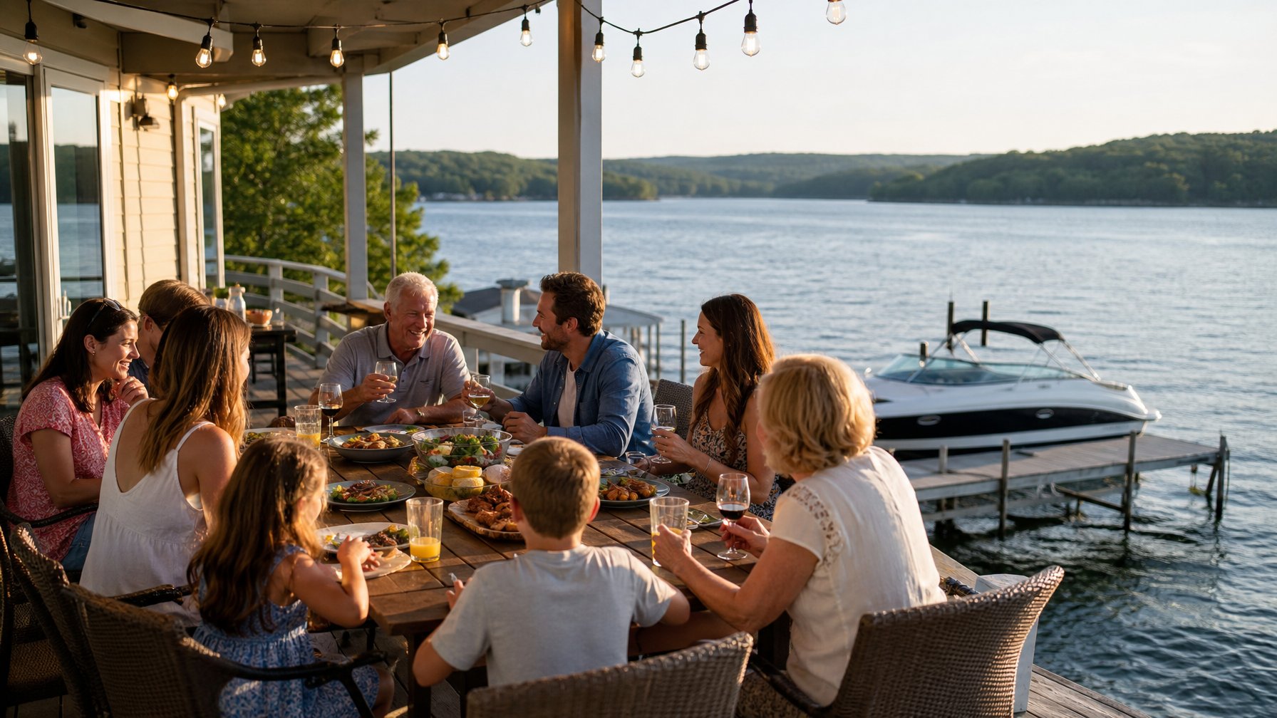 Multi-generational family dining on a lakeside deck at Table Rock Lake, motorboat docked in background, summer golden-hour light and Edison string lights overhead — book a fee-free Ozarks lake house rental on Houfy