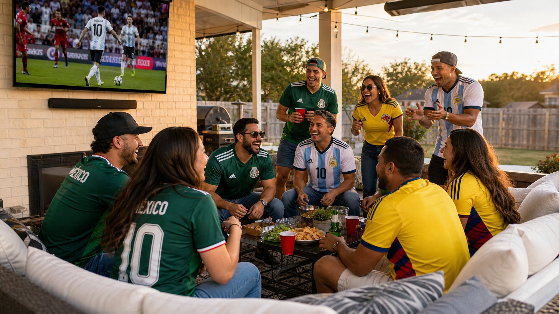 Group of Copa América fans in team jerseys celebrating at a Dallas vacation rental backyard with outdoor TV setup, patio furniture, and string lights at golden hour