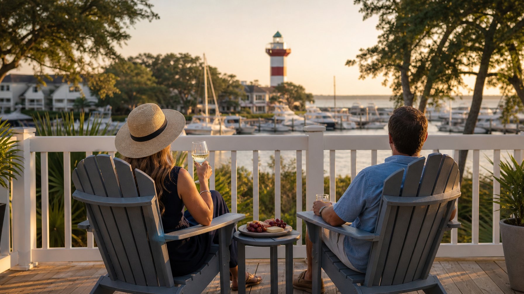 Guests relaxing on a Sea Pines Plantation vacation rental deck with Harbour Town Lighthouse visible across the marina Hilton Head Island summer 2026