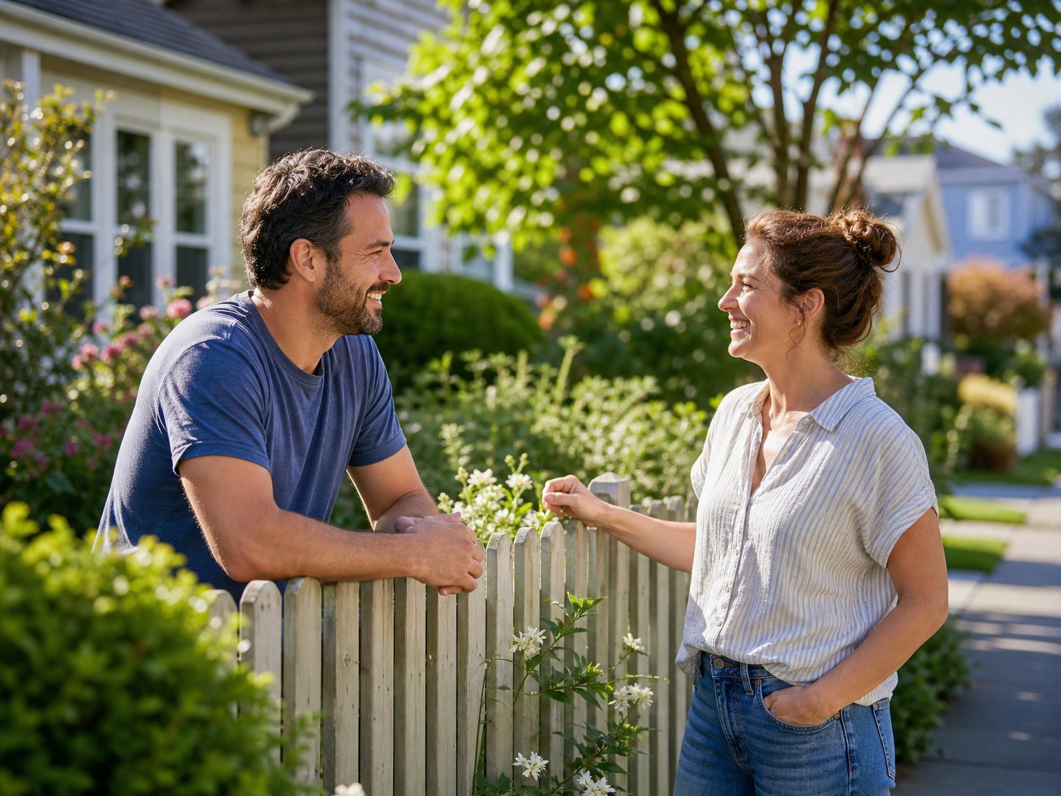 Vacation rental host having a friendly conversation with a neighbor at a garden fence in a residential neighborhood, building goodwill to prevent future noise complaints