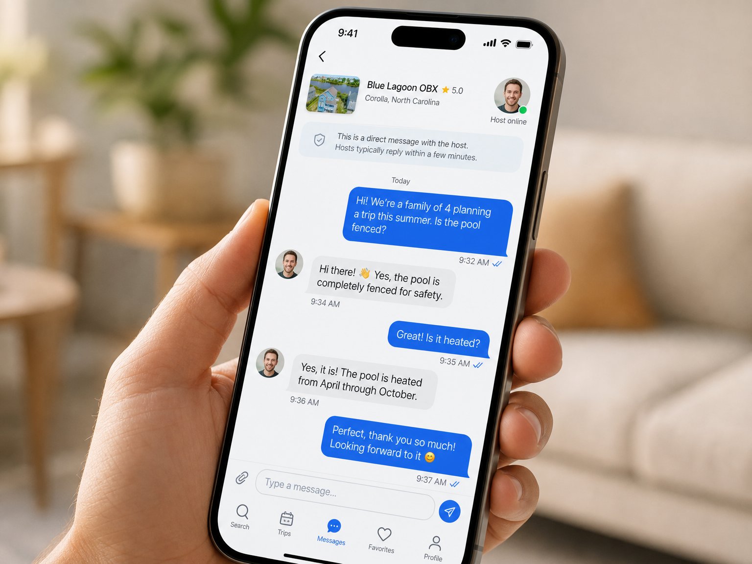 Smartphone screen showing a family messaging a Houfy host with pre-booking questions about a family vacation rental