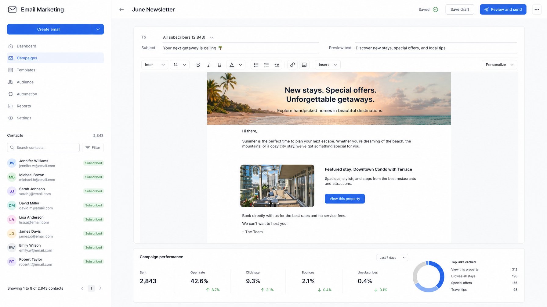 Email marketing tool setup screen for vacation rental host showing guest list and newsletter draft