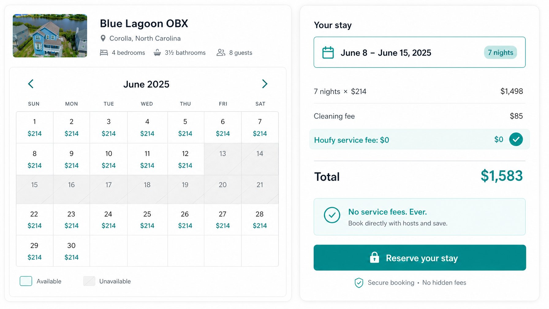 Houfy vacation rental website booking engine showing transparent pricing breakdown with $0 service fee, live calendar, and secure payment at checkout