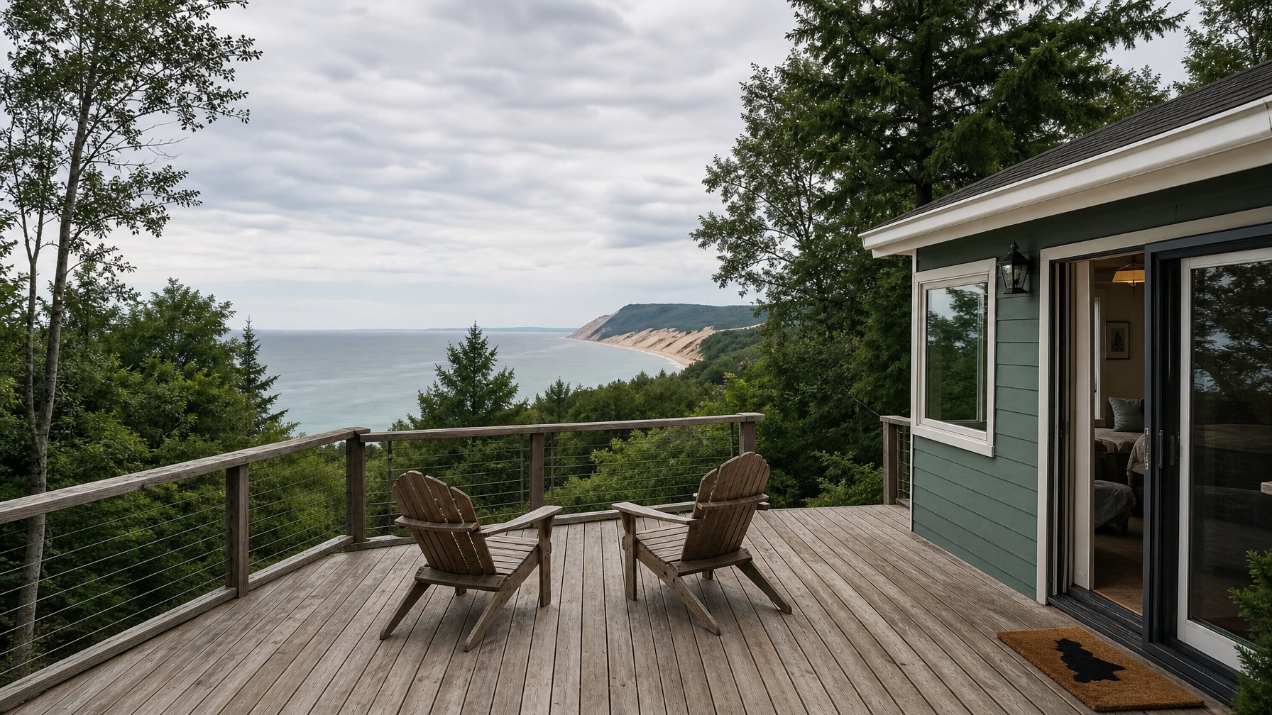 Sage-green vacation rental cottage deck near Sleeping Bear Dunes Michigan, two Adirondack chairs overlooking Lake Michigan under an overcast sky, sandy dunes and dense forest in background — book a fee-free Lake Michigan vacation rental on Houfy