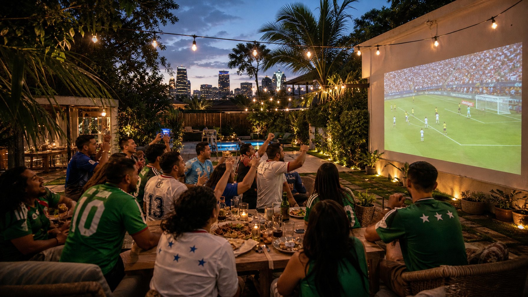 Large group of Copa América fans from Honduras El Salvador and Mexico watching a projected match in the backyard of a Houston vacation rental at dusk with string lights and the city skyline visible