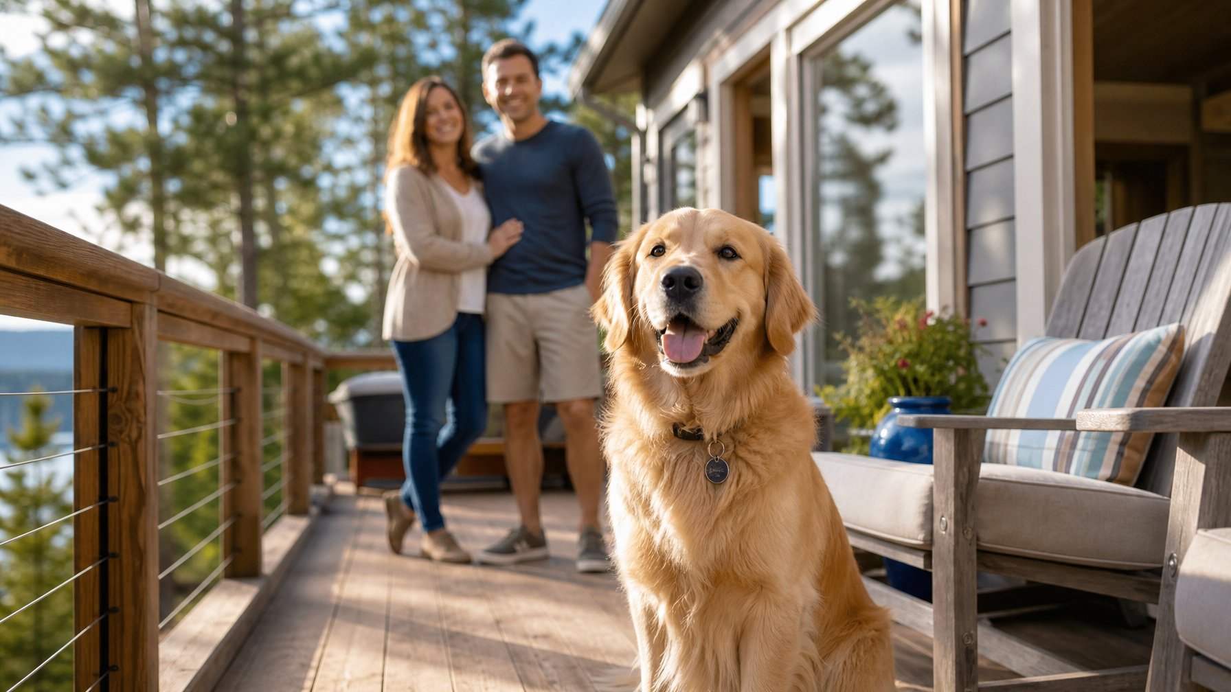 Happy dog relaxing on the porch of a vacation rental property with smiling guests in the background