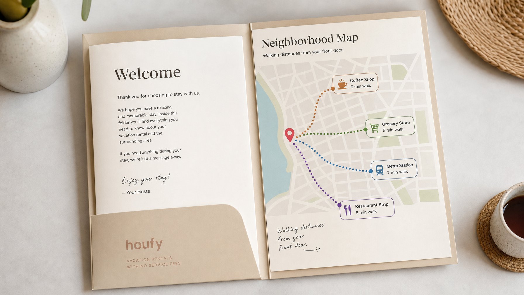 A printed neighborhood guide and local map included in a vacation rental welcome book for solo travelers showing walking distances to restaurants and transit