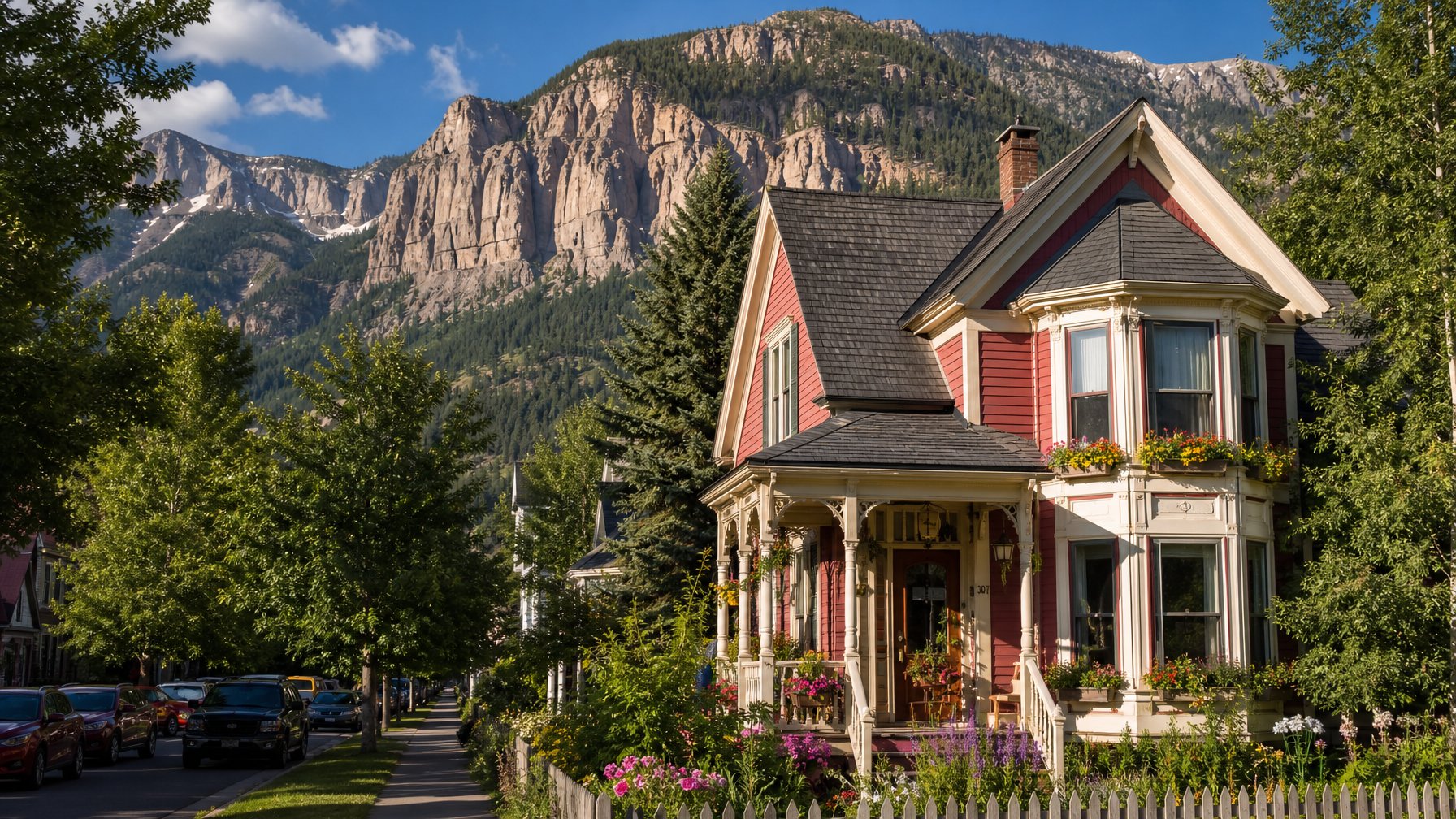 Mountain chalet vacation rental in Telluride Colorado with San Juan Mountain backdrop, summer wildflowers, and wrap-around deck at golden hour — Telluride vacation rental summer