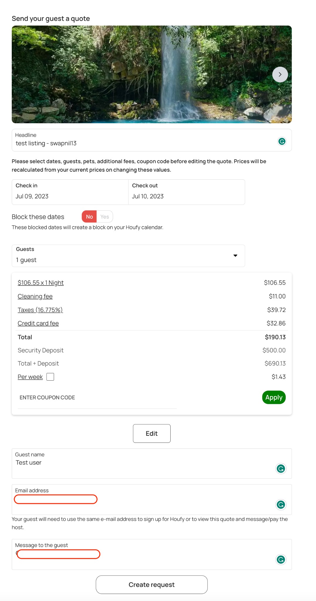 How do I send a quote to my guests on Houfy?