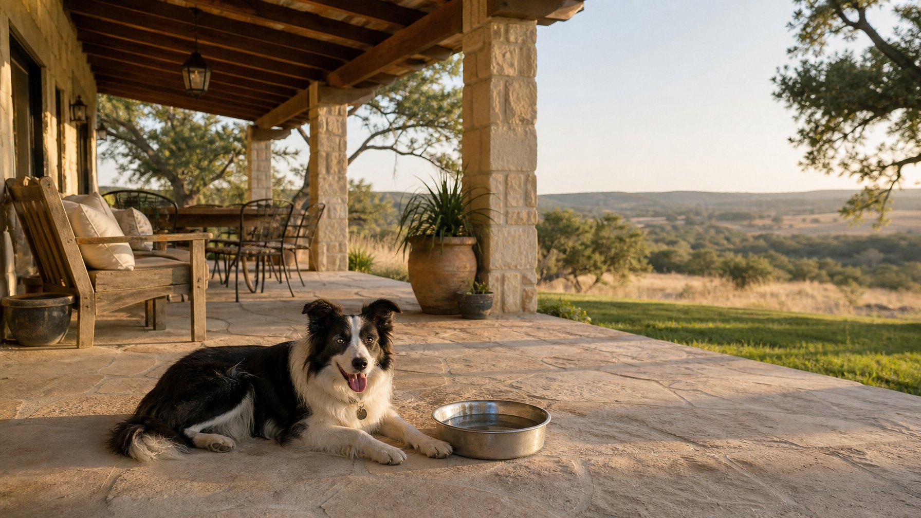 Border collie resting on the shaded covered patio of a Texas Hill Country vacation rental with a water bowl nearby and rolling hills in the background