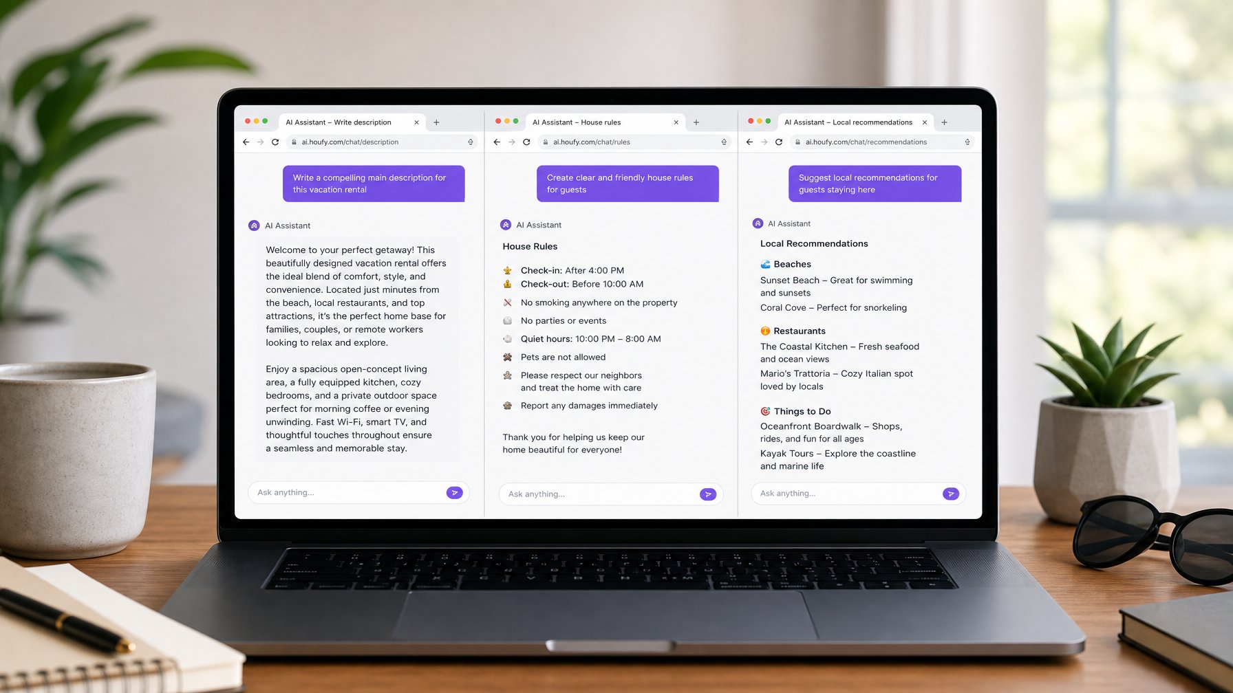 Laptop showing three AI chat windows used to write a vacation rental main description, house rules, and local recommendations section simultaneously